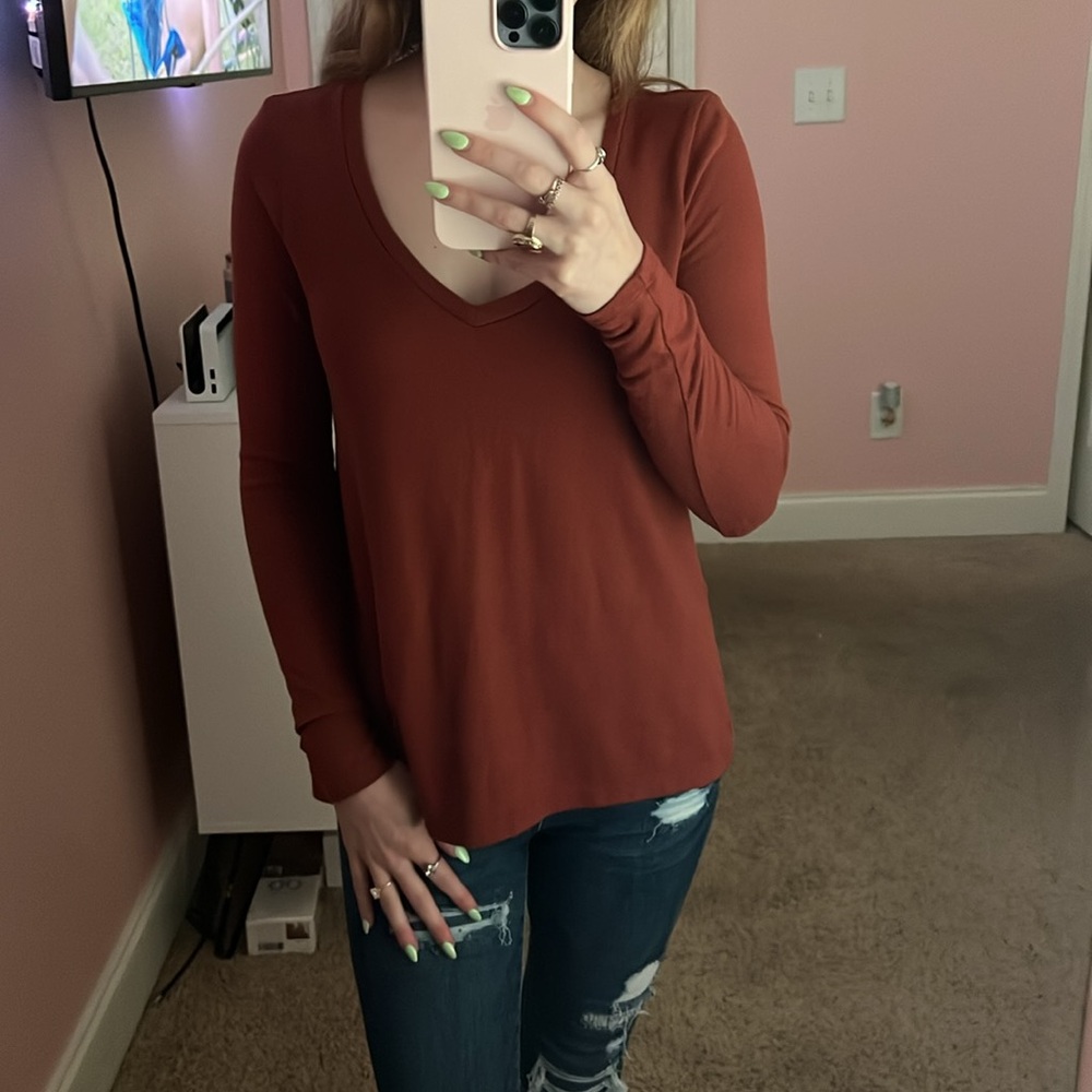 American Eagle Outfitters Brown Long Sleeve Fitted Blouse